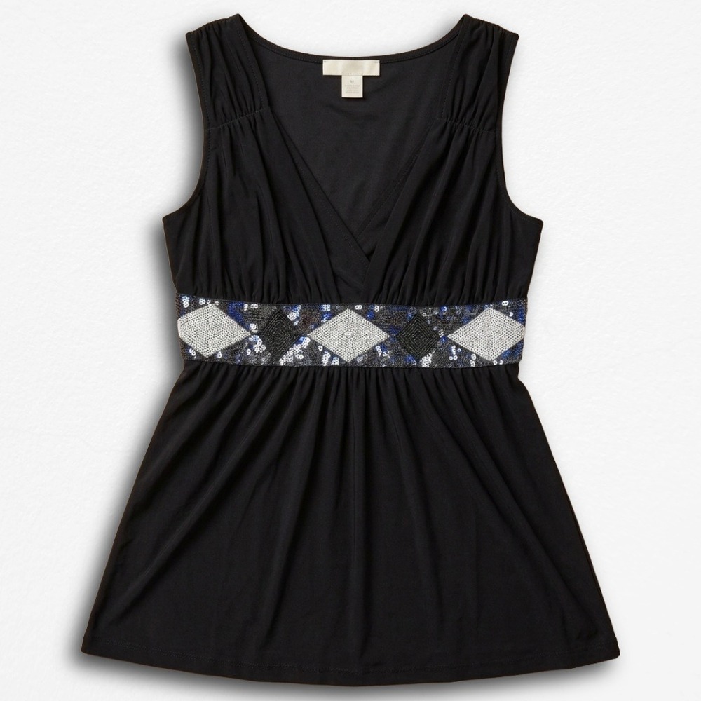 Y2K Black Sequin Empire Waist V-Neck Sleeveless Top Blouse Womens M